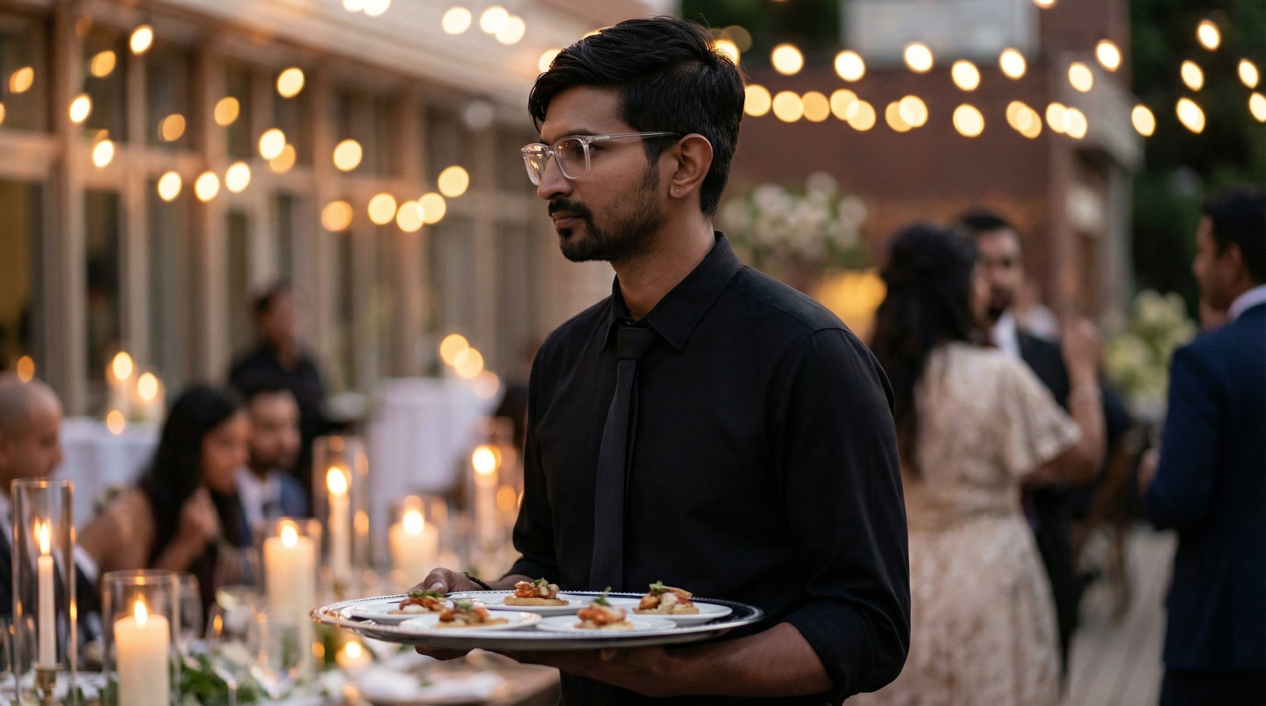 Man in black shirt and tie serving appetizers on a tray at an outdoor evening event with string lights and guests in the background.