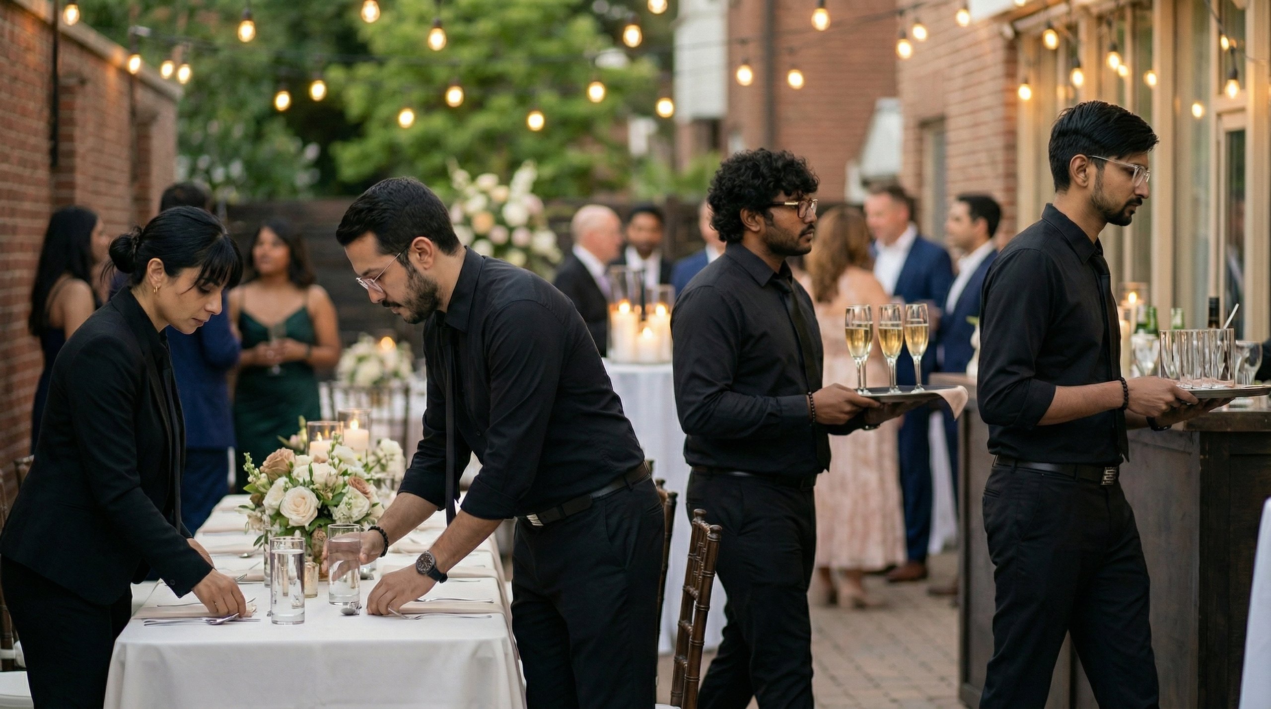 Waitstaff in black uniforms setting tables and carrying trays with drinks at an outdoor event with guests in the background.