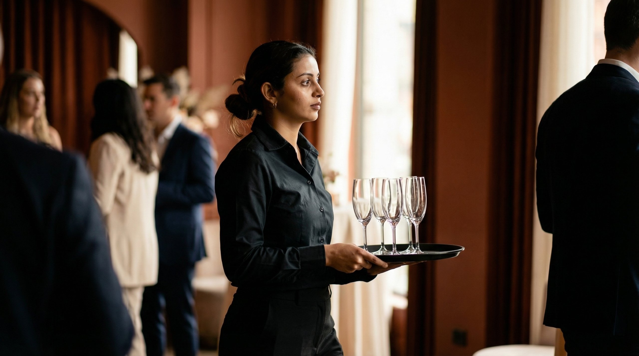 Chefs wearing black uniforms and gloves preparing multiple plates of food on metal tables under warm string lights in a large tent kitchen.