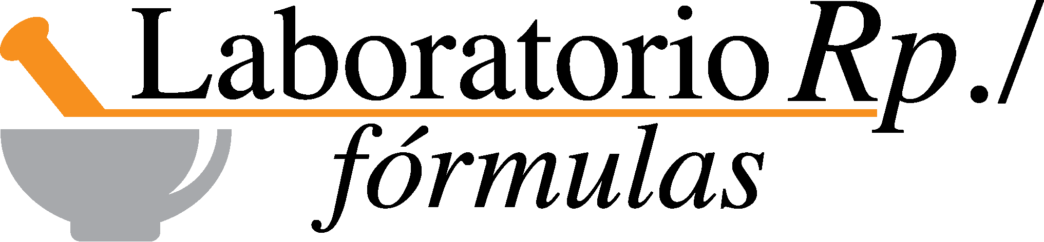 Logo de Laboratorio Rp./ con mortero gris y mano de mortero naranja