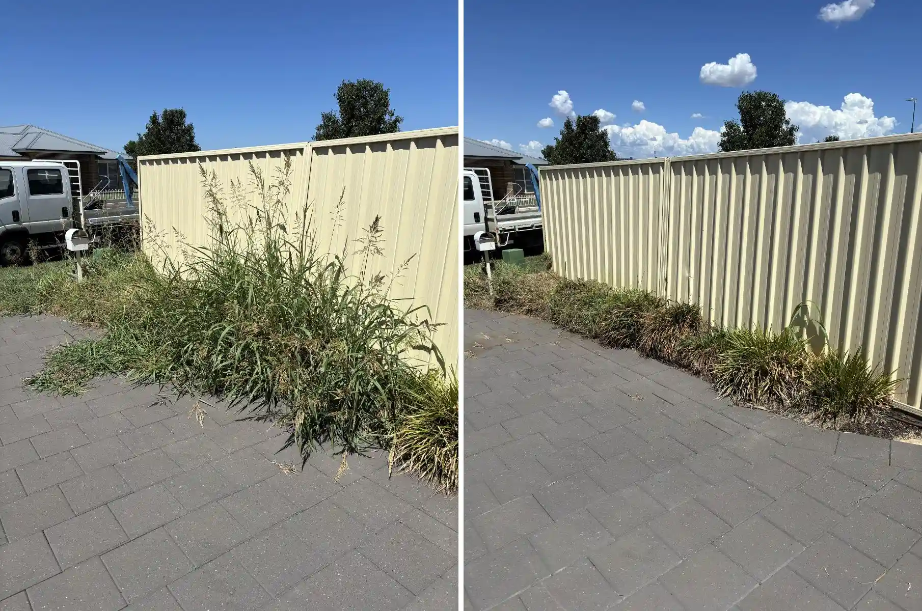 before and after weed removal and garden cleanup along fence in Dubbo NSW