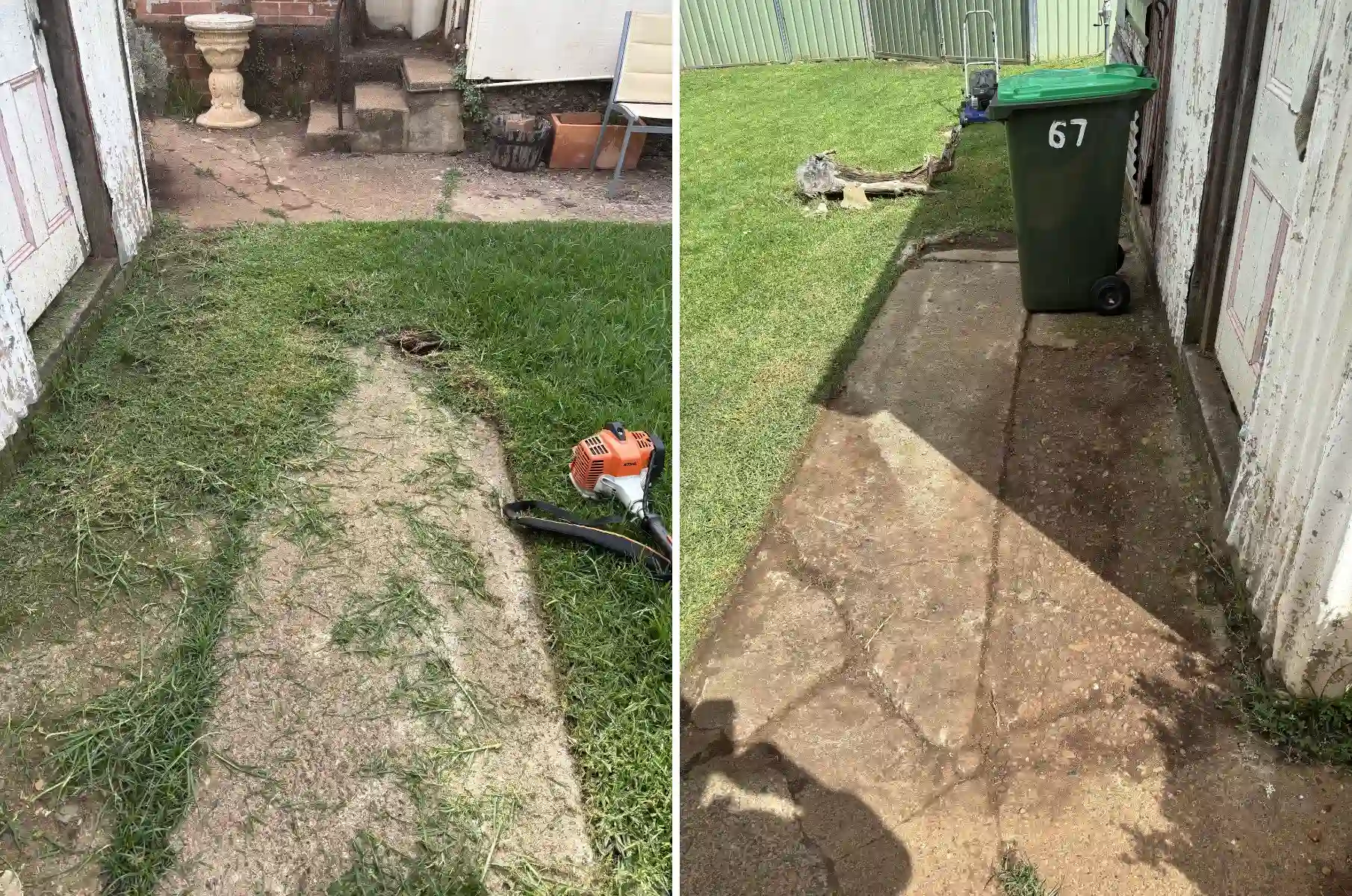 before and after overgrown grass cleared from concrete pathway in Wellington NSW