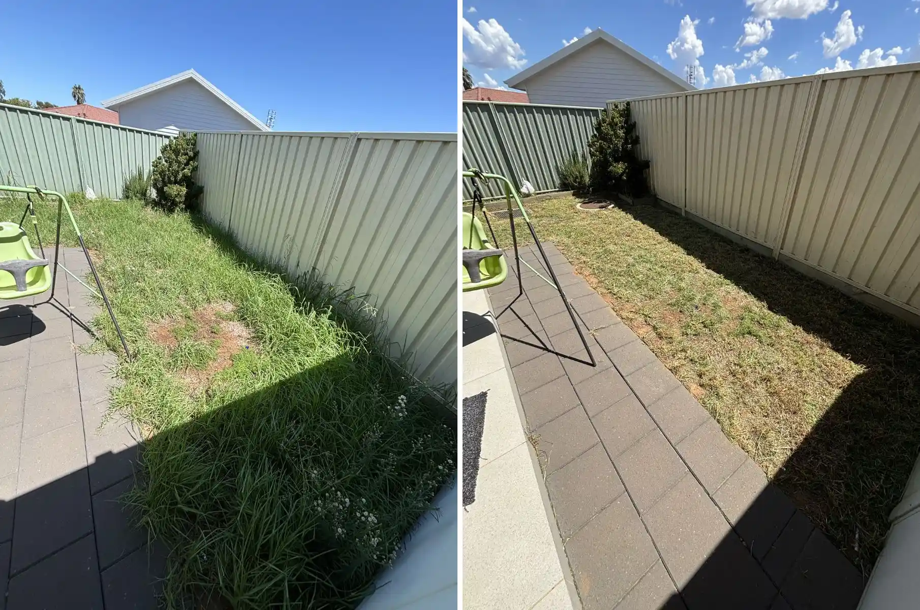 before and after overgrown grass cleared and tidied in residential yard Dubbo NSW
