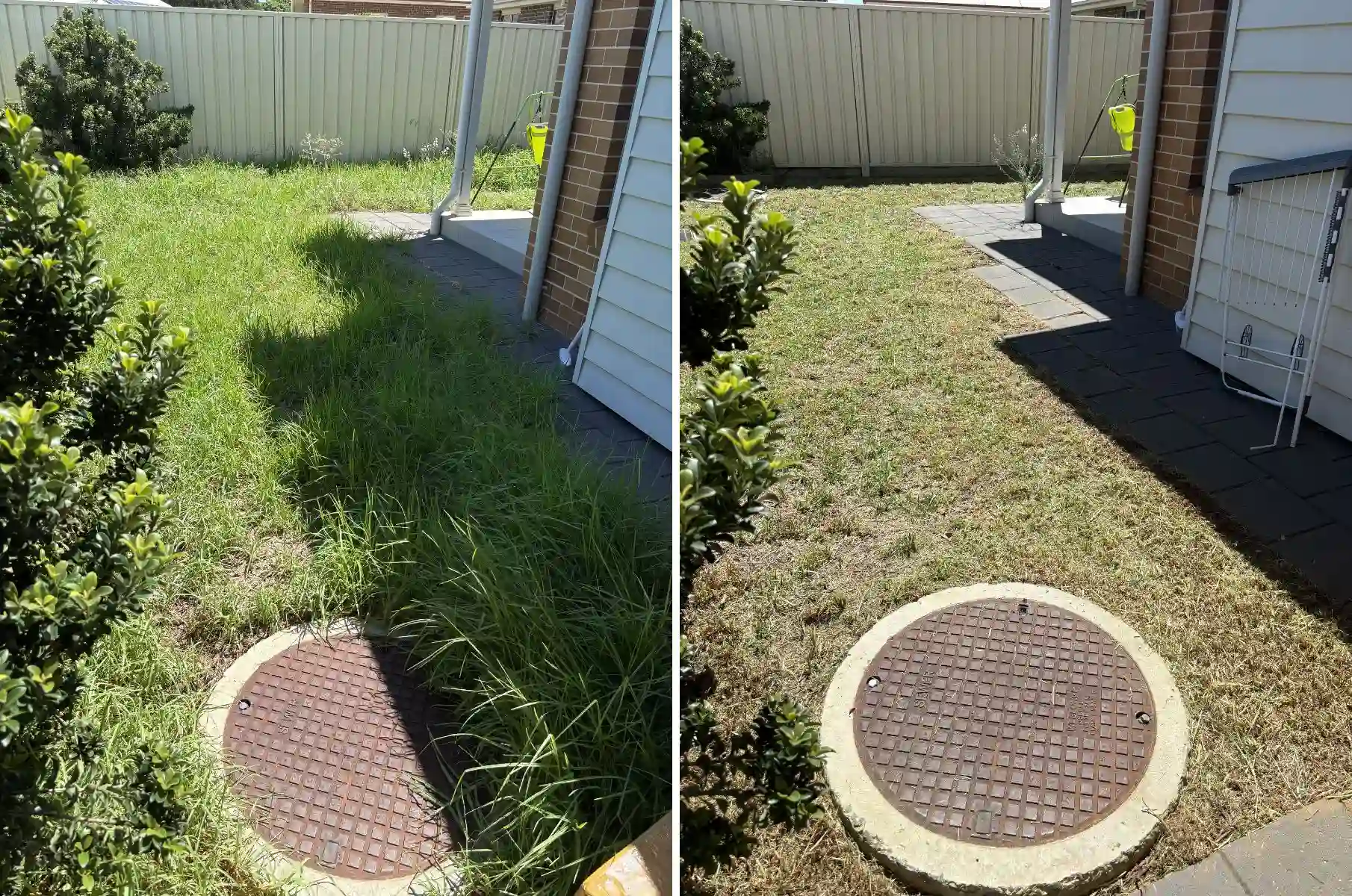 before and after lawn mowing and overgrowth cleanup in small backyard Dubbo NSW