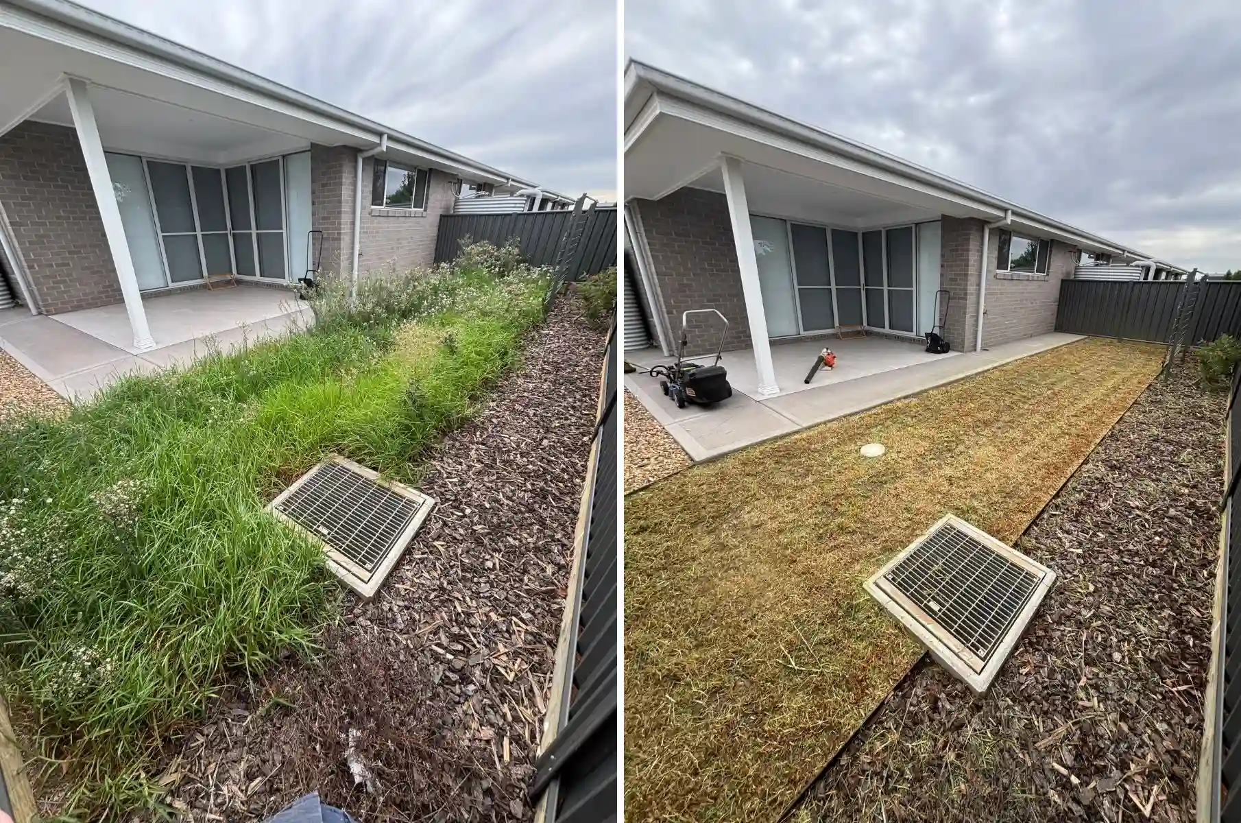 before and after lawn mowing and edging around patio area in Dubbo NSW