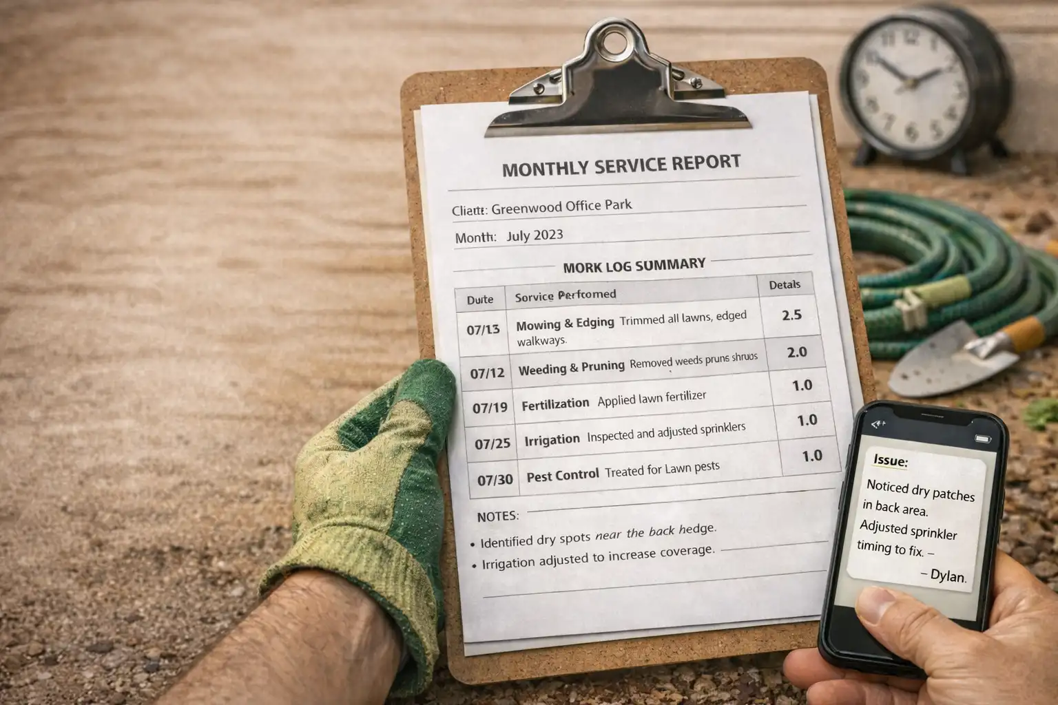 monthly service report with detailed work log for commercial property maintenance in Dubbo NSW and Wellington NSW