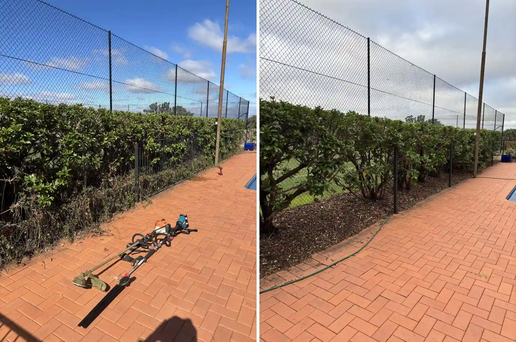 before and after periwinkle overgrowth and weed removal from garden bed with fresh mulch applied along pool fence line in Dubbo NSW
