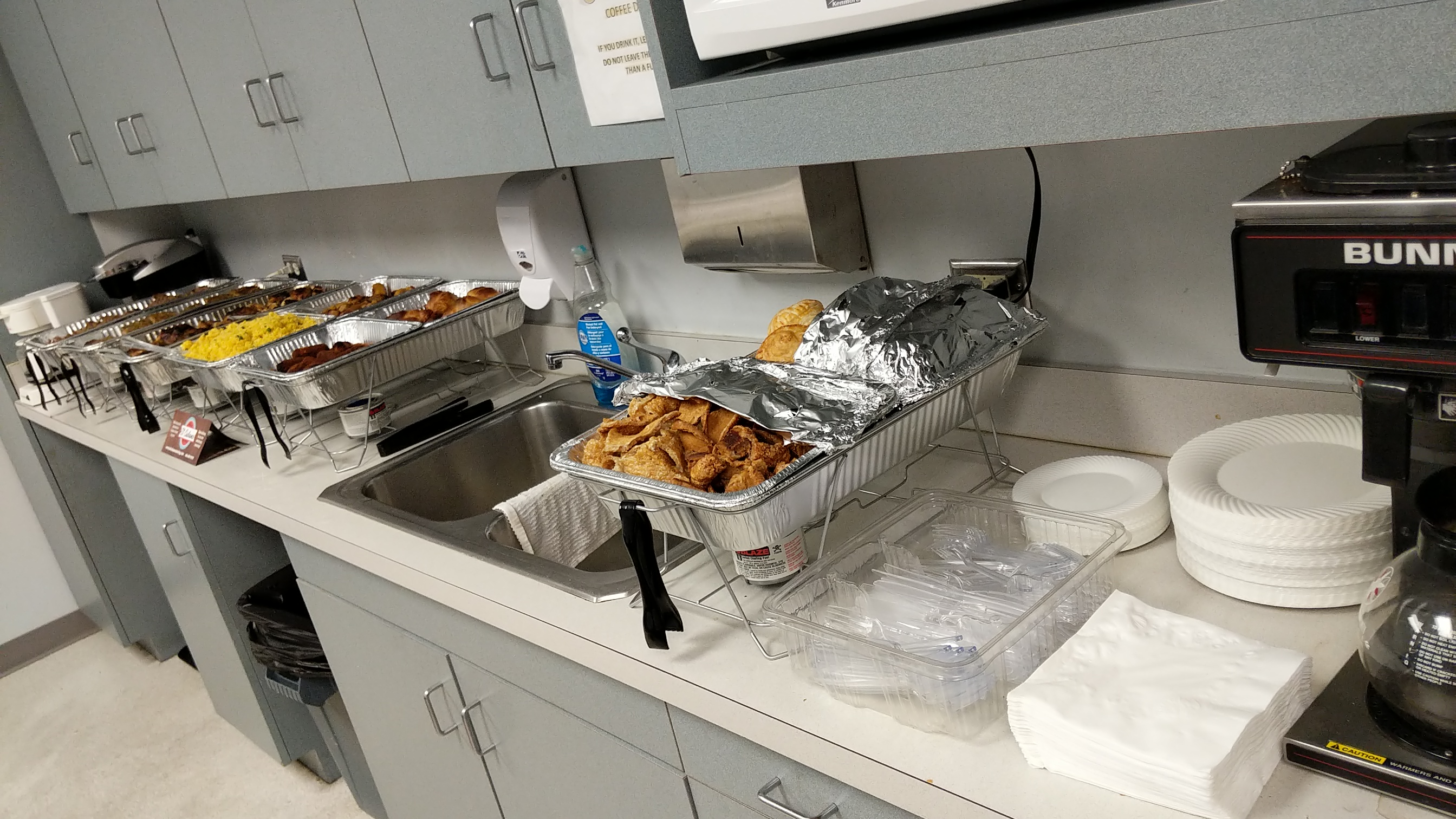 Cuban food catering drop-off service set up in office break room