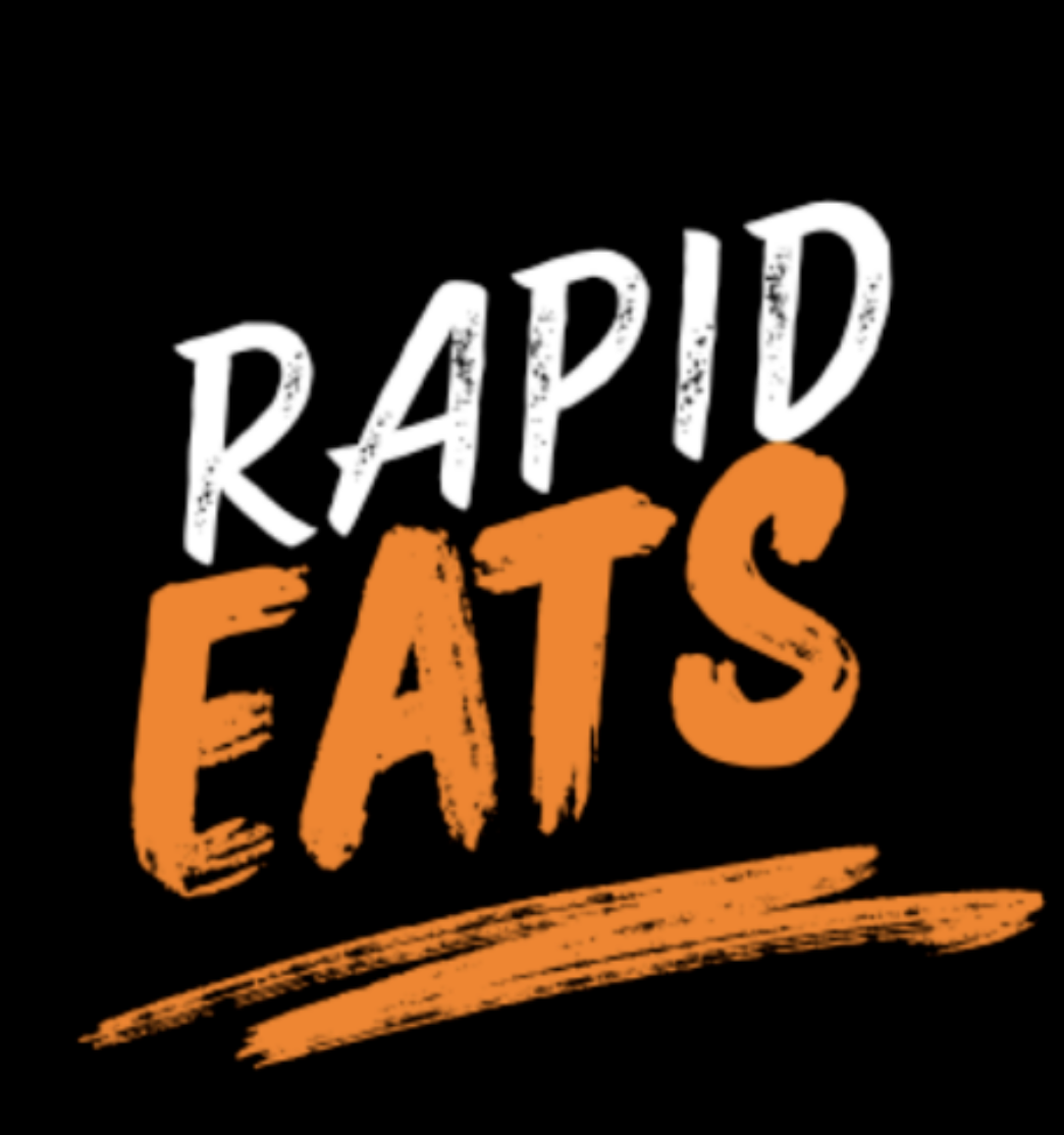 Logo with the words 'RAPID EATS' in bold, white and orange brushstroke-style text on black background.
