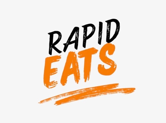 Logo text 'RAPID EATS' with 'RAPID' in black and 'EATS' in orange brushstroke style with an orange underline.