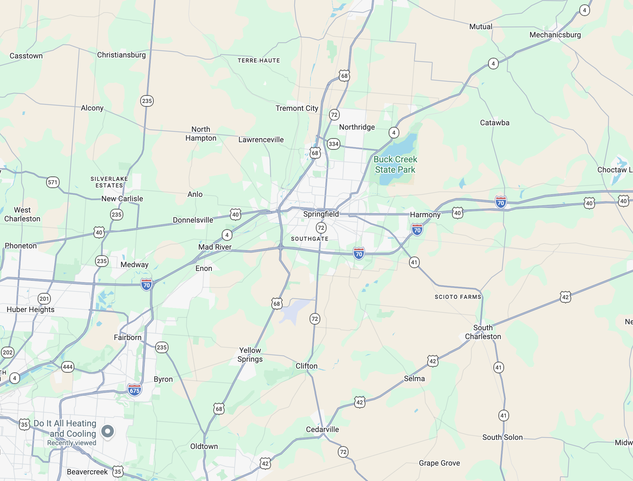 Map showing Springfield, Ohio, and surrounding areas including Buck Creek State Park, with highways I-70, 42, 68, 72, and 41 marked.