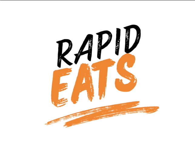 Logo with text 'RAPID EATS' in black and orange brushstroke style with an orange underline.