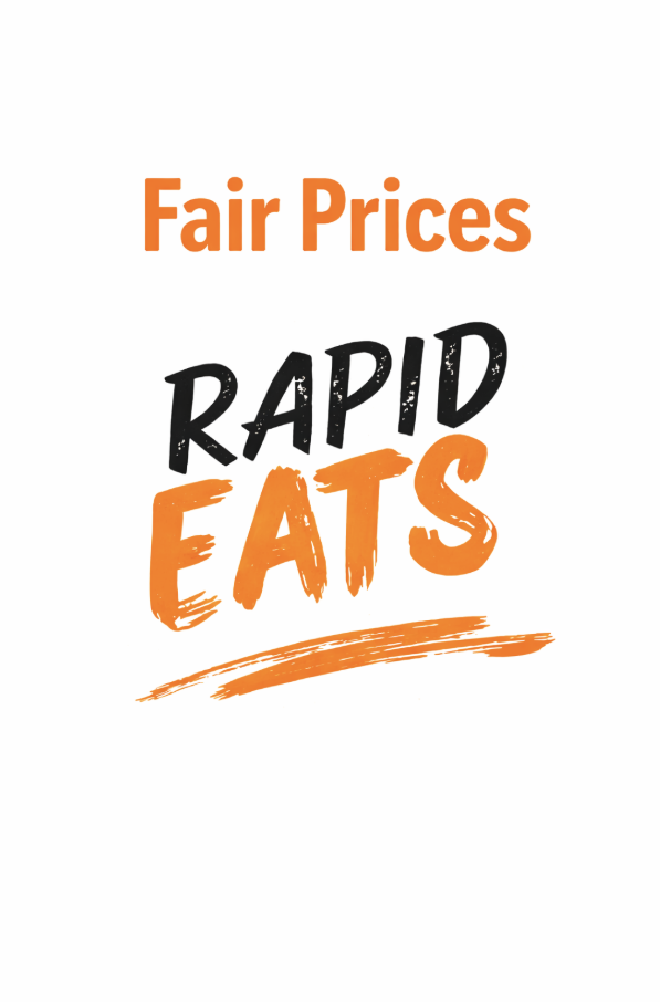 "Fair Prices" in orange text above "RAPID EATS" with RAPID in black and EATS in orange, underlined with an orange brush stroke.