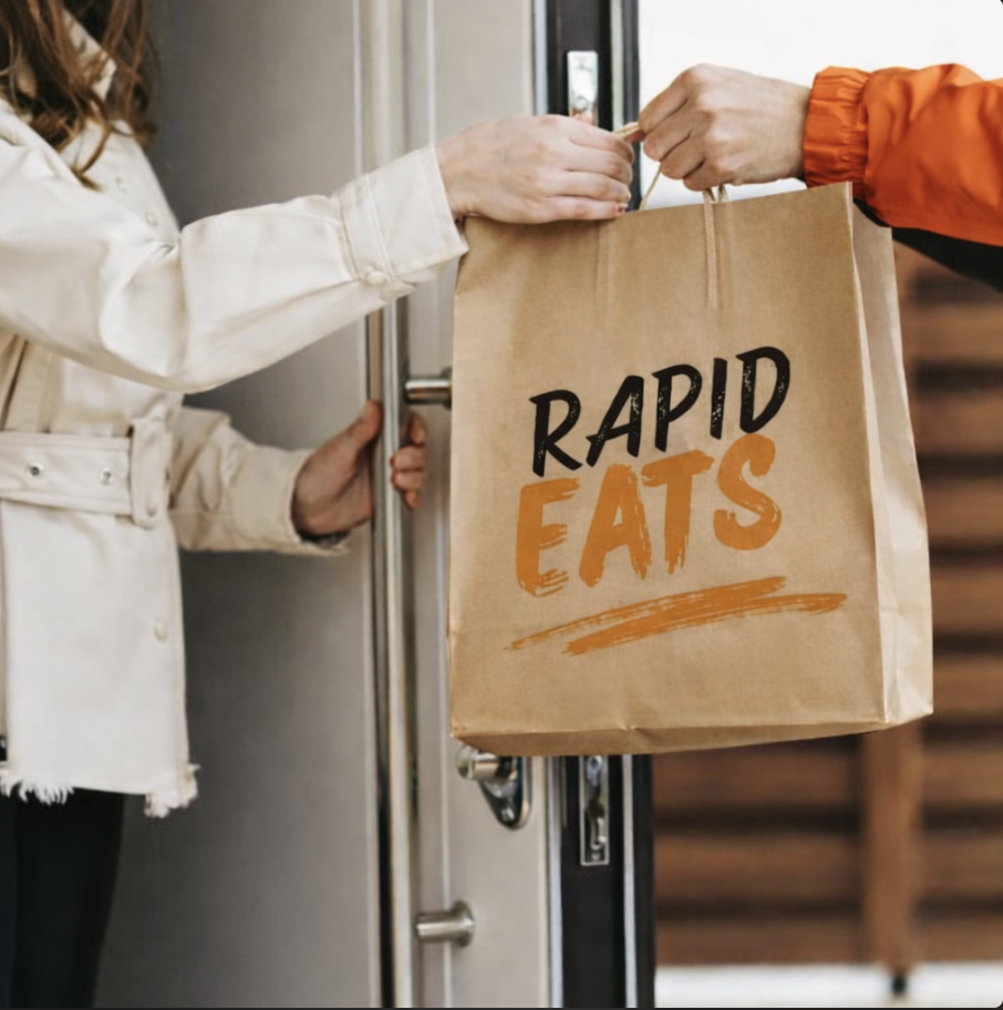 Person in white coat opening door and receiving a brown paper bag labeled 'Rapid Eats' handed by another person in an orange jacket.
