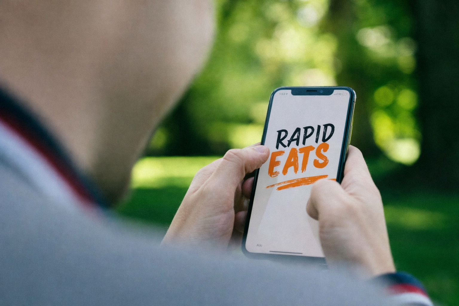 Person holding smartphone displaying the words 'RAPID EATS' on the screen outdoors.
