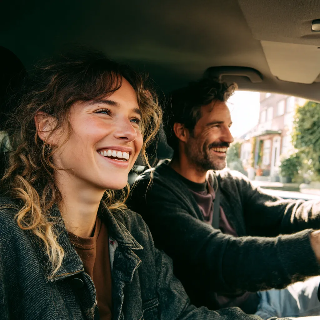 Smiling woman and man sitting in a car, with the man driving and sunlight outside.