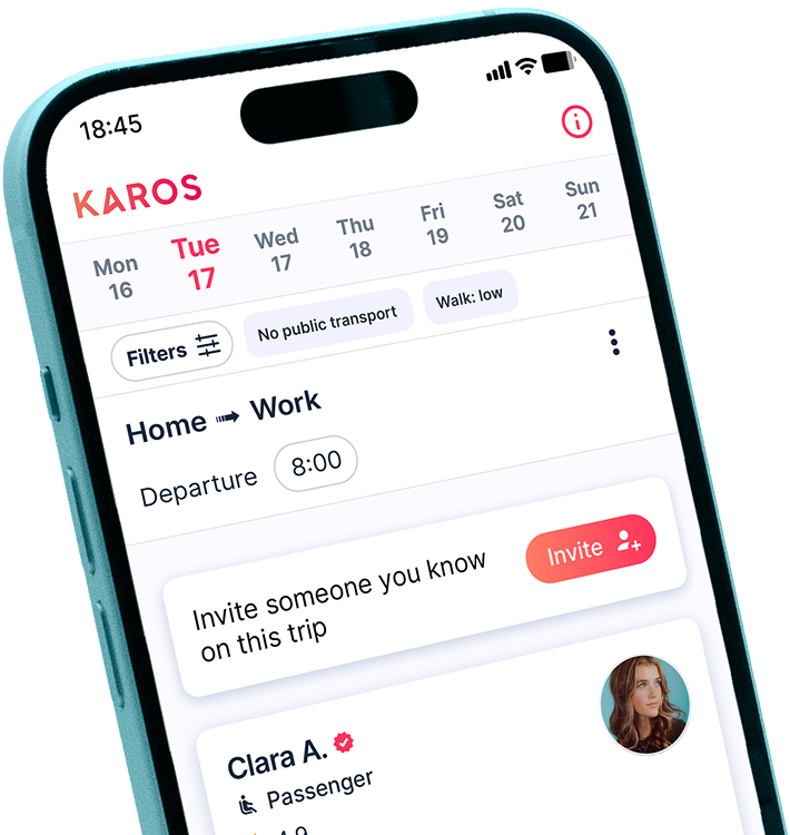 Mobile app screen for KAROS showing a trip from Home to Work with departure at 8:00, filters for no public transport and low walk, and an option to invite someone on the trip.