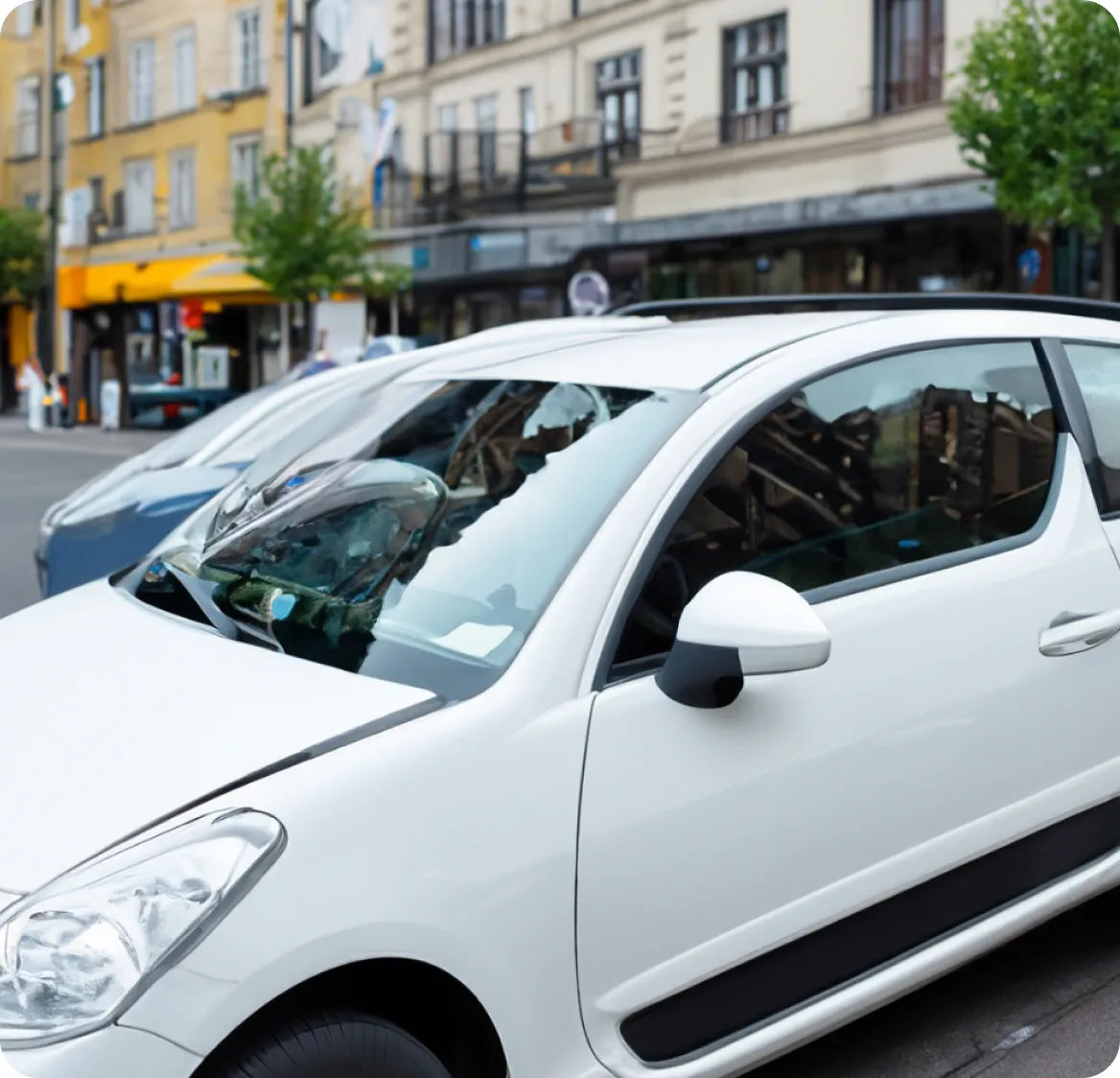 White compact car parked on a city street with buildings and trees in the background.