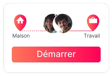App screen showing route from home to work with user photos and a pink start button labeled Démarrer.