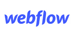 Webflow brand name text in blue cursive font.