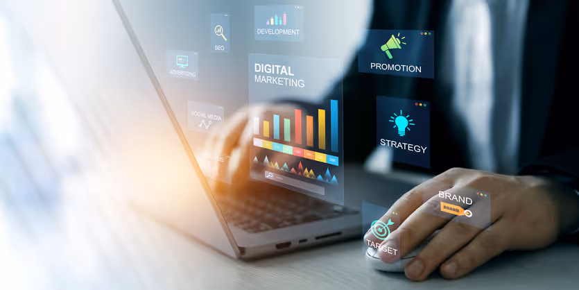 Person using a laptop with floating digital marketing icons including development, SEO, promotion, strategy, target, and brand.