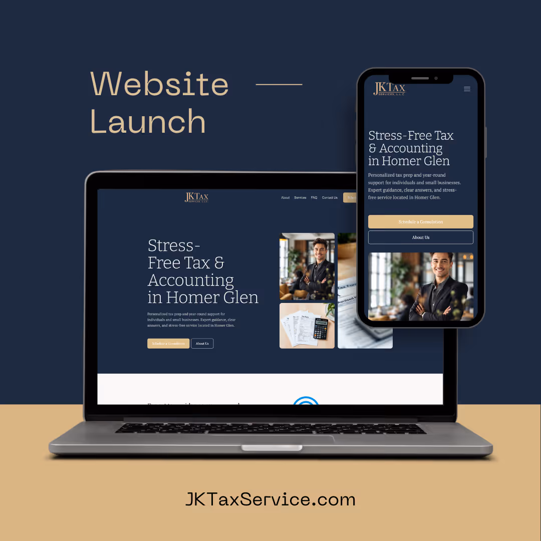 A laptop and smartphone displaying a new website for JK Tax Service, featuring a header that reads 'Website Launch' and sections on stress-free tax and accounting services in Homer Glen.