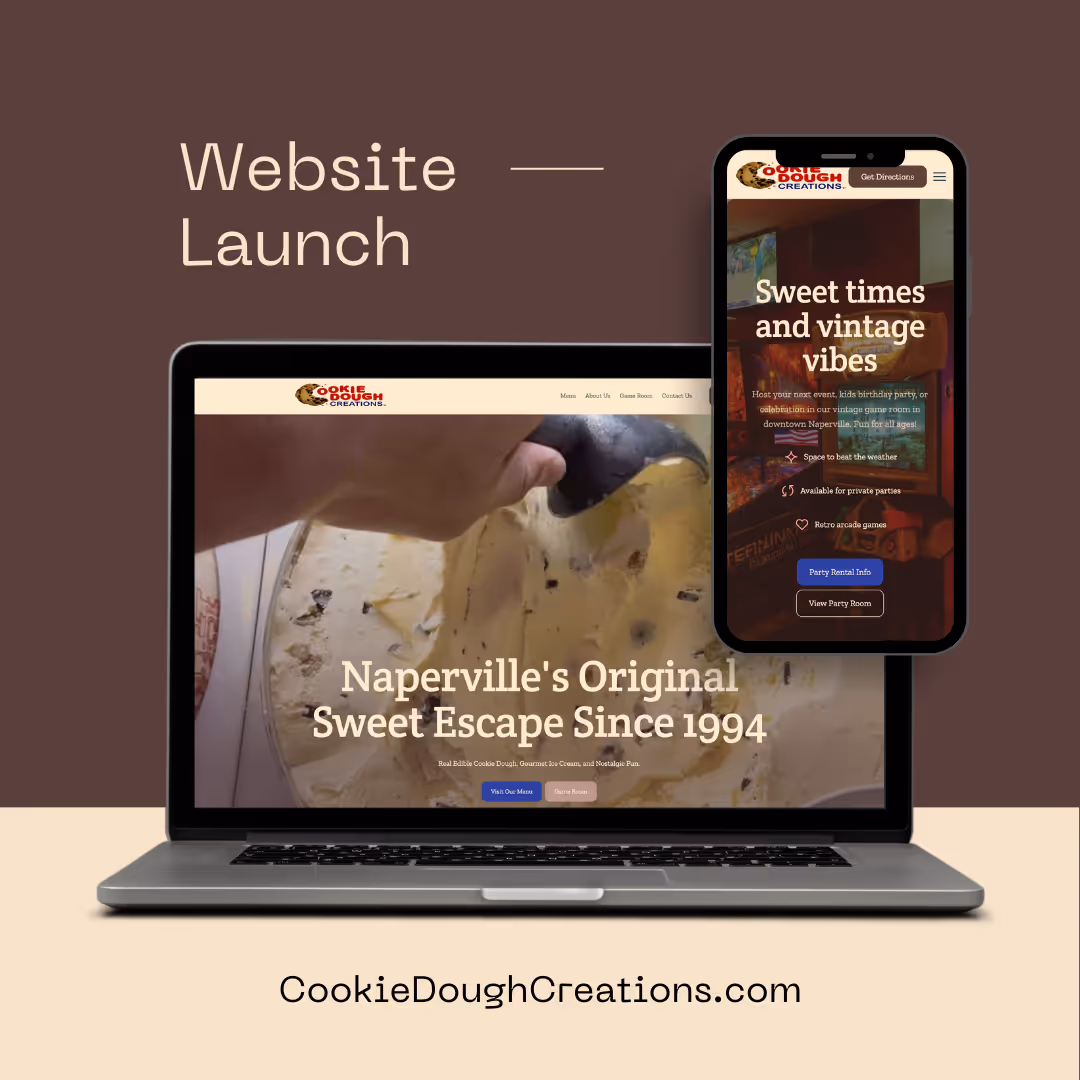 A laptop displaying a website with a large cake mixing image and text reading 'Naperville's Original Sweet Escape Since 1994'. A smartphone next to it shows the same website with 'Sweet times and vintage vibes' on the screen.