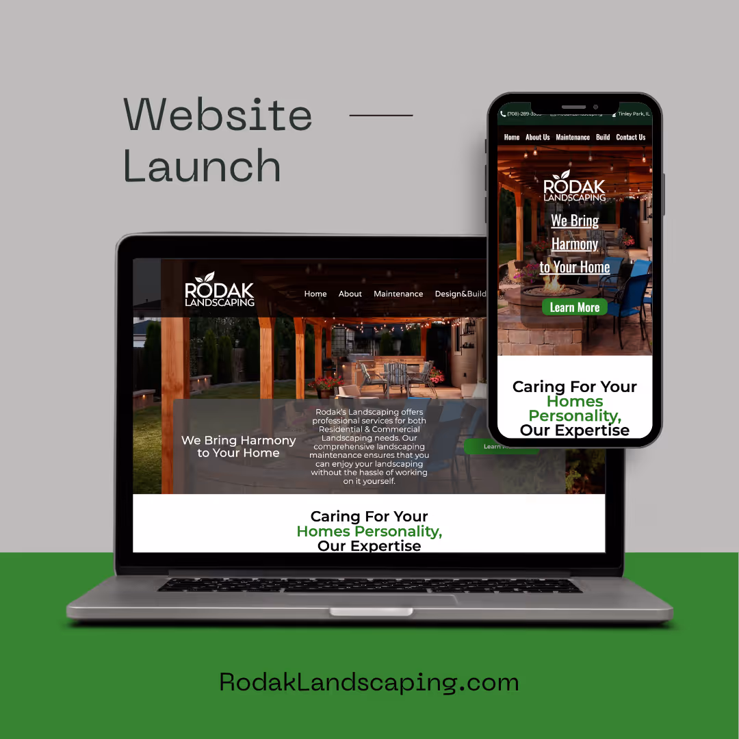A laptop and smartphone display the Rodak Landscaping website, showcasing a modern design with images of landscaping projects. The text highlights their mission: "We Bring Harmony to Your Home" and features a call to action to learn more.
