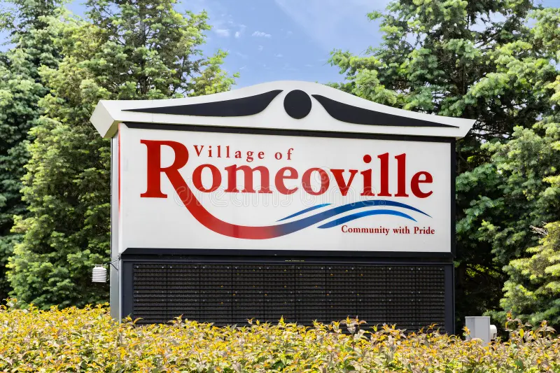 A large sign that reads "Village of Romeoville" with the tagline "Community with Pride" beneath it, surrounded by lush green trees and shrubs on a sunny day.