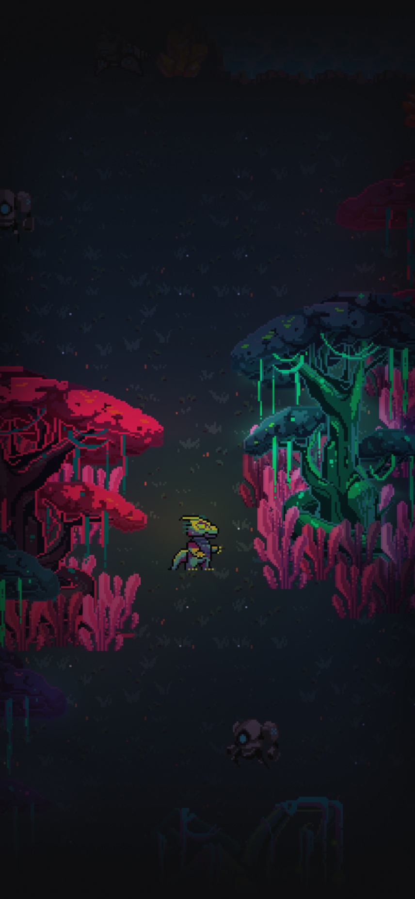 Pixel art of a small yellow and gray creature standing in a dark forest with glowing pink and green trees.