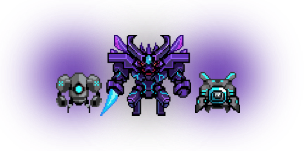 Three pixel art robotic enemies on a purple gradient background, including a small drone, a large armored mech with a glowing blue sword, and a compact turret-like robot.