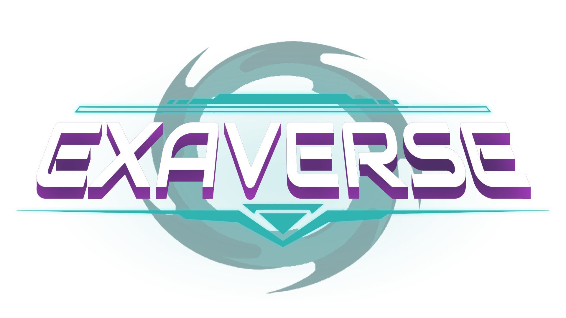 Logo for EXAVERSE with stylized white and purple 3D text and a dark teal circular swirl background.