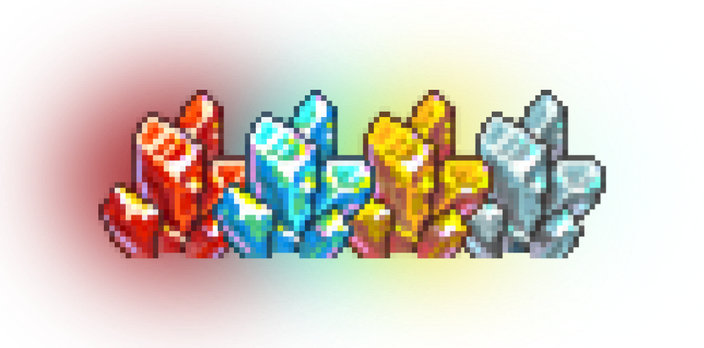 Pixel art style cluster of colorful crystals in red, blue, yellow, and gray.