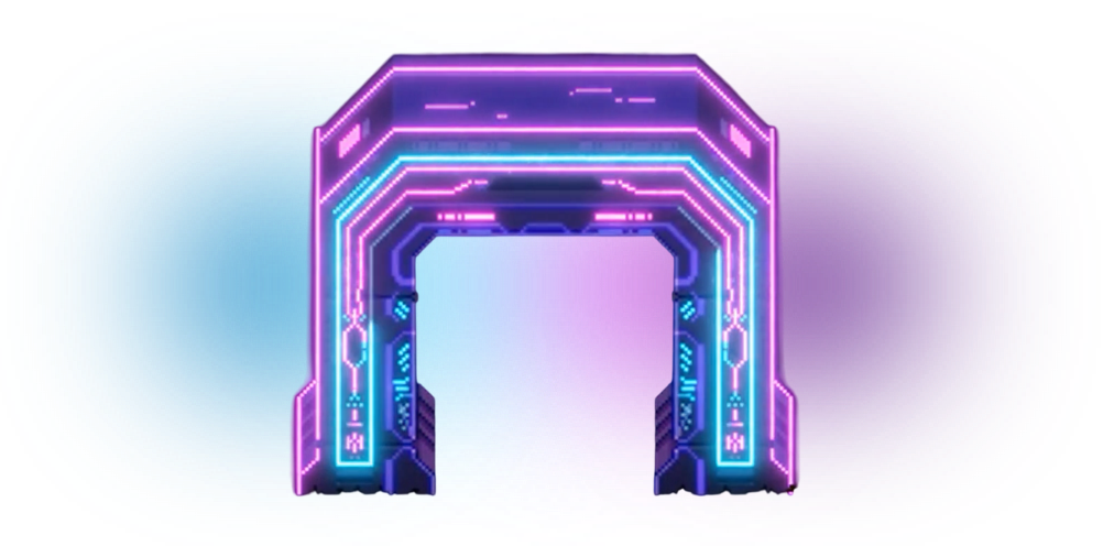 Futuristic glowing portal with blue and purple neon lights on a gradient background.