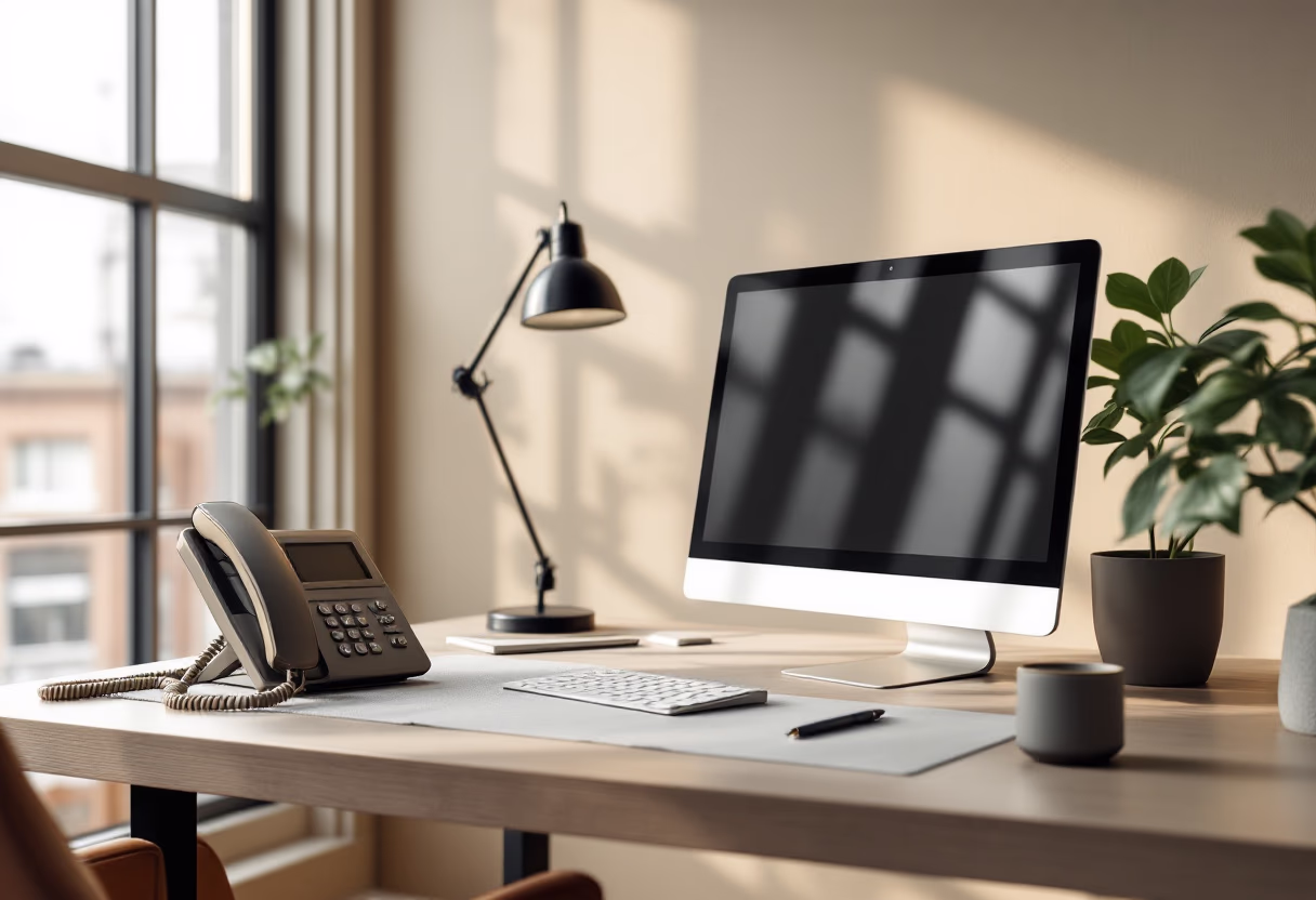 image of telephone and computer on desk (for a law firm)