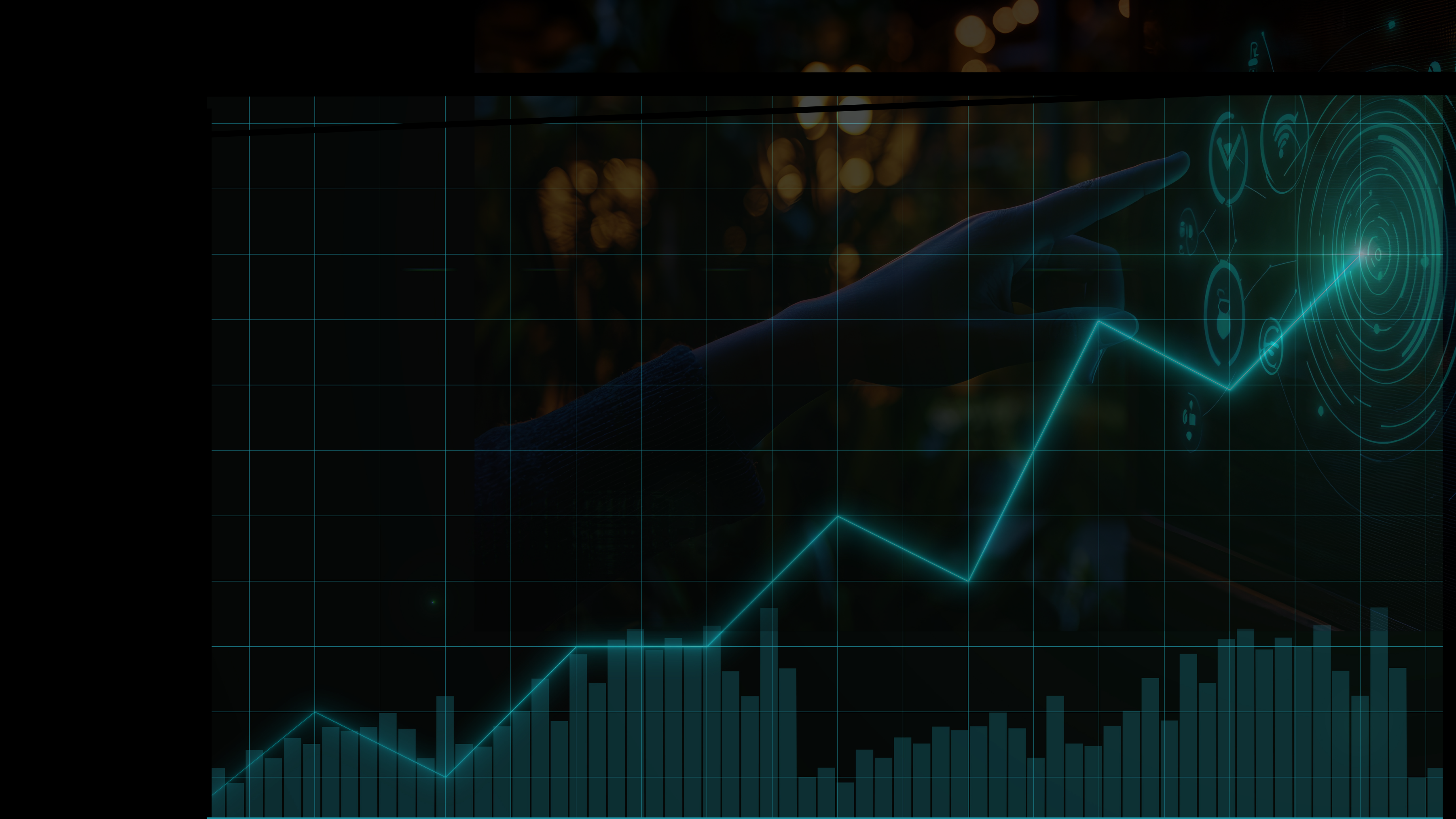 Hand pointing at a holographic interface with a glowing data graph and circular target icons.
