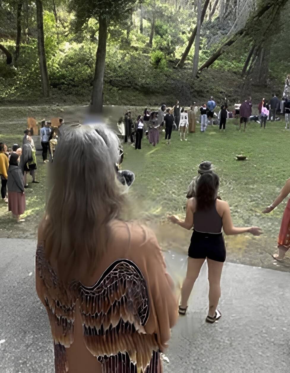 People gathered and standing in a grassy outdoor area surrounded by trees, viewed from behind Patty Davis as she speaks on stage.