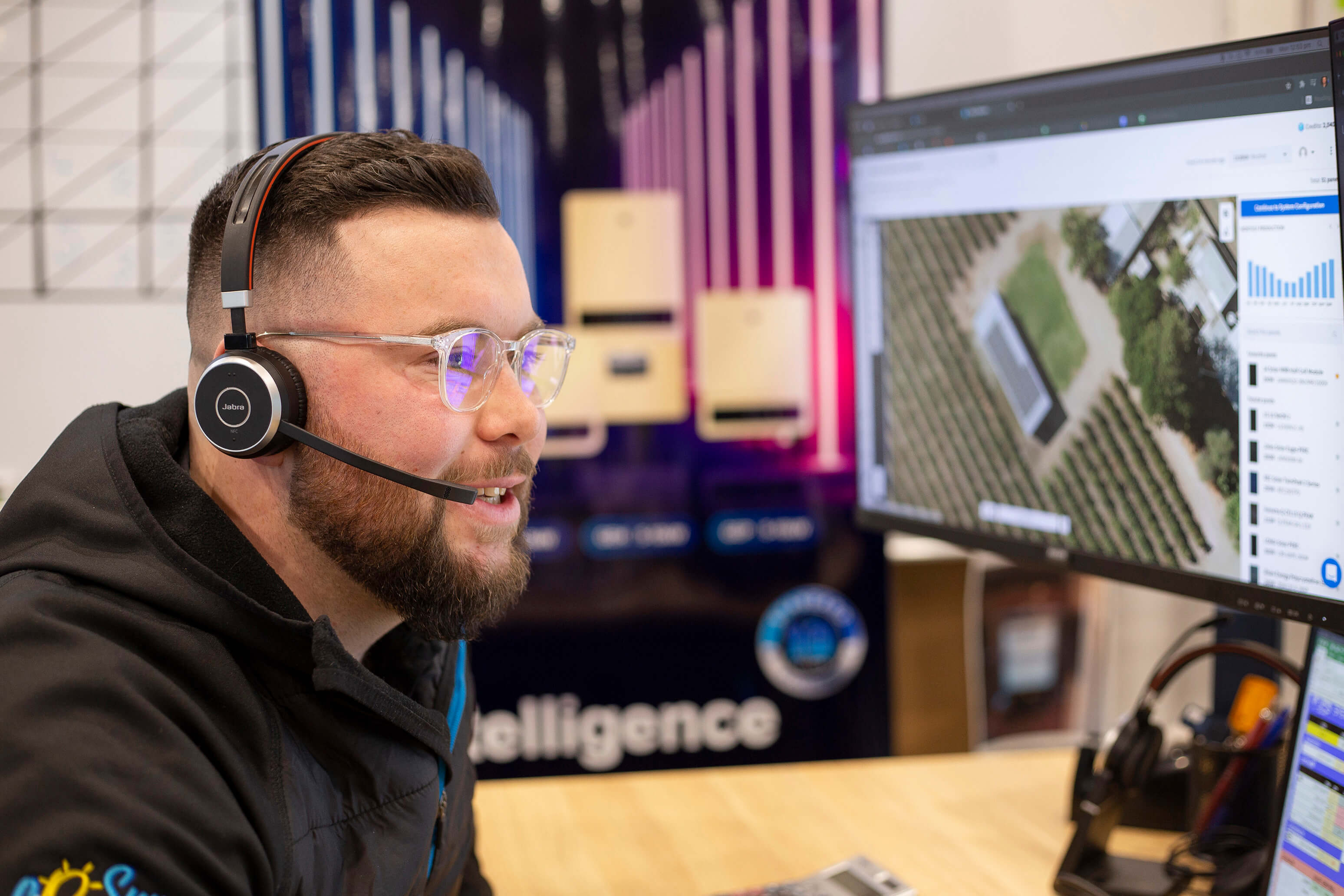 Sam looking at screen