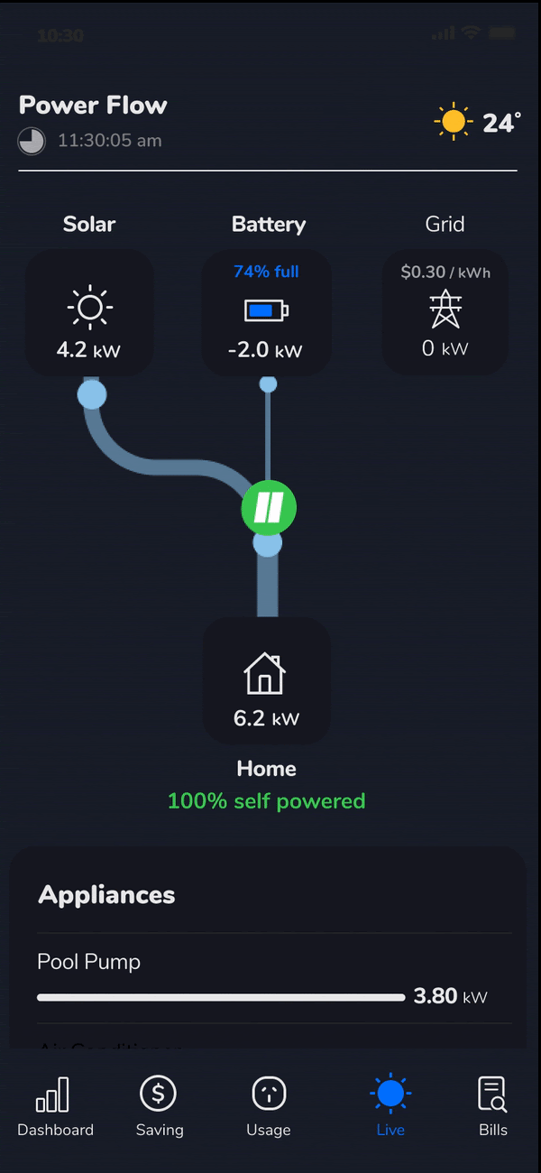 Clipsal Cortex app animation on power flow