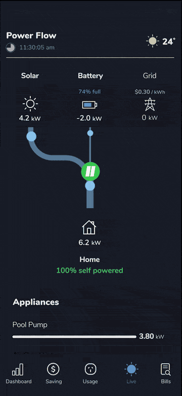 Clipsal Cortex app animation on power flow