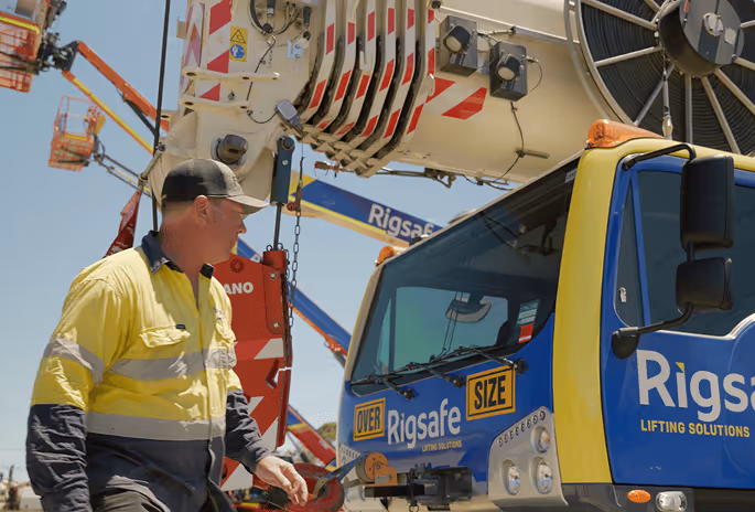 Worker in high-visibility clothing walking near a Rigsafe branded crane vehicle with lifting equipment overhead.