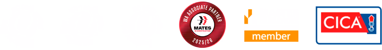 Logos of three organizations: WA Associate Partner MATES in Construction 2025/26 badge, an orange and white member icon, and the CICA logo in blue, red, and white.