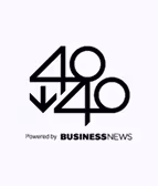 Logo with stylized numbers 40 under 40 and text Powered by Business News.