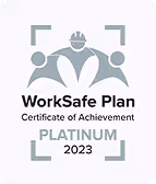 WorkSafe Plan Certificate of Achievement Platinum 2023 logo with stylized people icons and a helmet symbol.