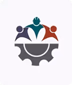 Icon of three abstract people in blue, green, and red above a gray gear symbolizing teamwork and collaboration.