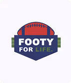 Logo with a red and blue football above bold text reading 'FOOTY FOR LIFE' in white and green on a dark blue shield background.
