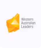 Abstract orange geometric shape next to text 'Western Australian Leaders'.
