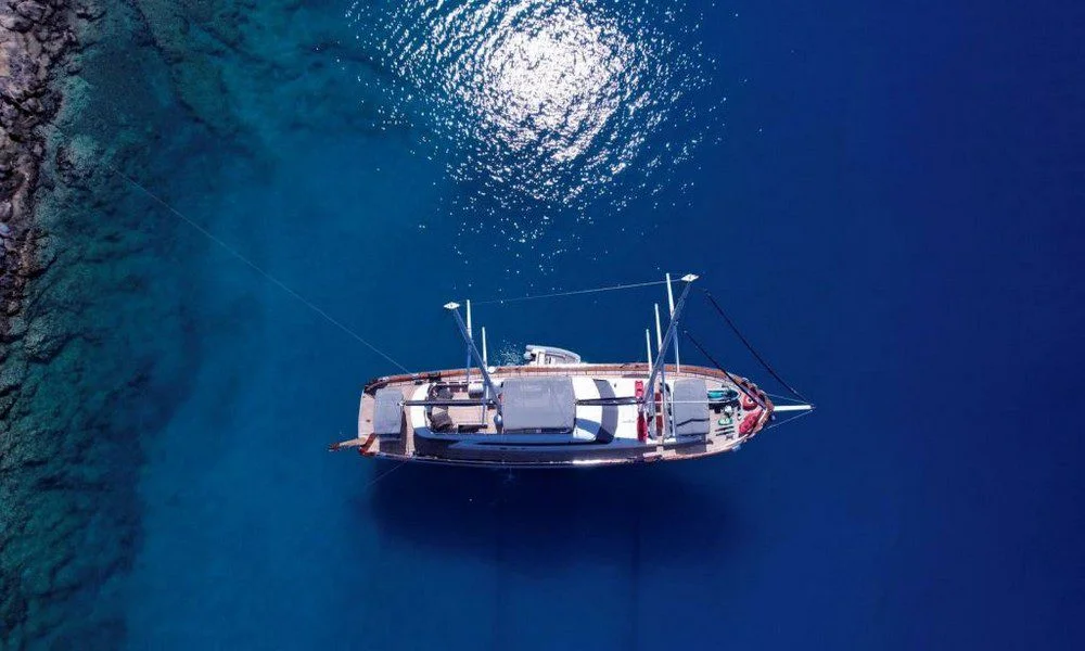 Queen of Makri aerial view, Bodrum yacht charter.