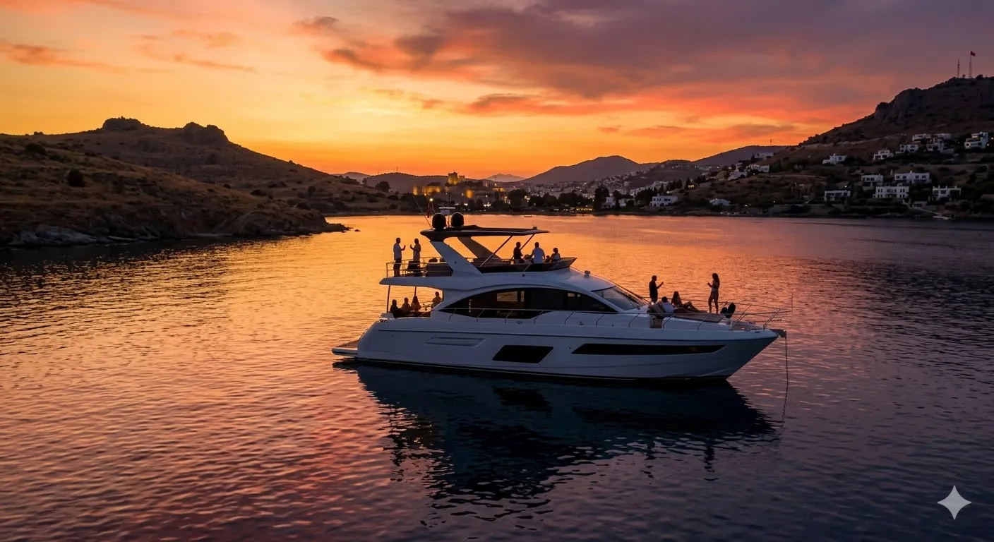 Bodrum Orak Island Yacht Rental at sunset, Bodrum.