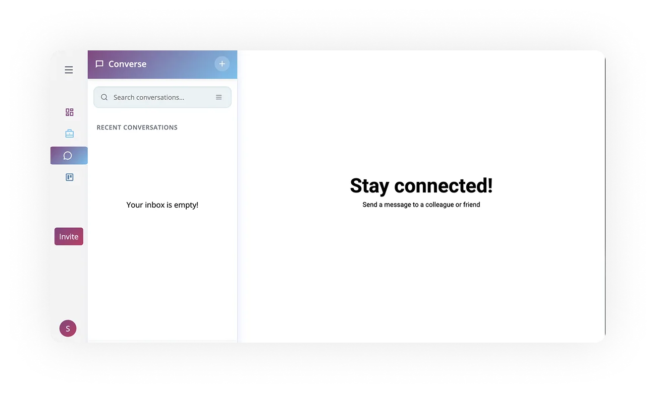 User interface of Converse by ORO AI showcasing an empty inbox, with a prompt to "Stay connected!" for messaging colleagues or friends.